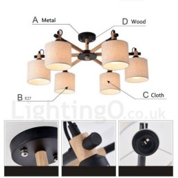 Lámpara de araña moderna y contemporánea de madera de un solo nivel con 6 luces y tela de tambor (blanco y negro)
