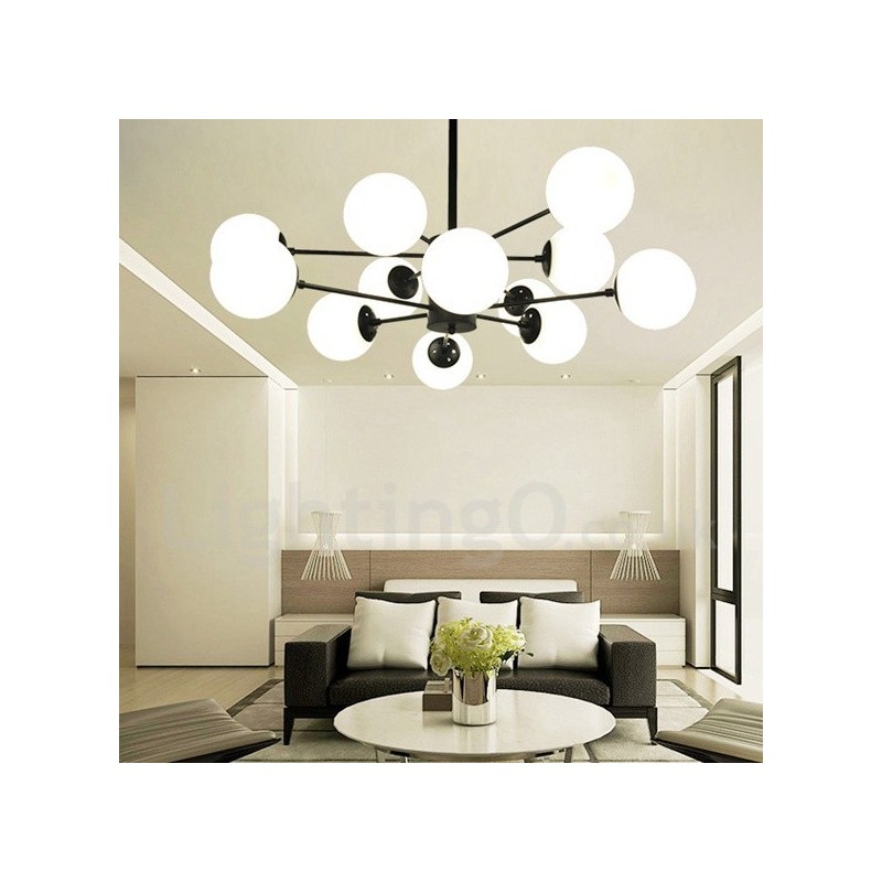 Lámpara de araña de metal negra de 12 luces y 2 niveles con pantalla de cristal, estilo moderno y contemporáneo.