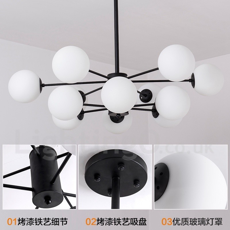 Lámpara de araña de metal negra de 12 luces y 2 niveles con pantalla de cristal, estilo moderno y contemporáneo.