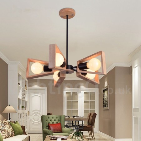 Lámpara de araña de madera de un solo nivel con 5 luces, estilo moderno y contemporáneo Lámpara de araña de madera de un solo nivel con 5 luces, estilo moderno y contemporáneo