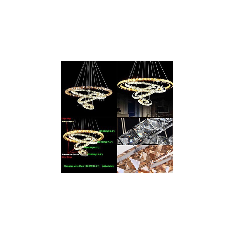 Lámpara colgante de cristal moderna para techo con 4 anillos, anillo grande de cristal ámbar y otros cristales transparentes.