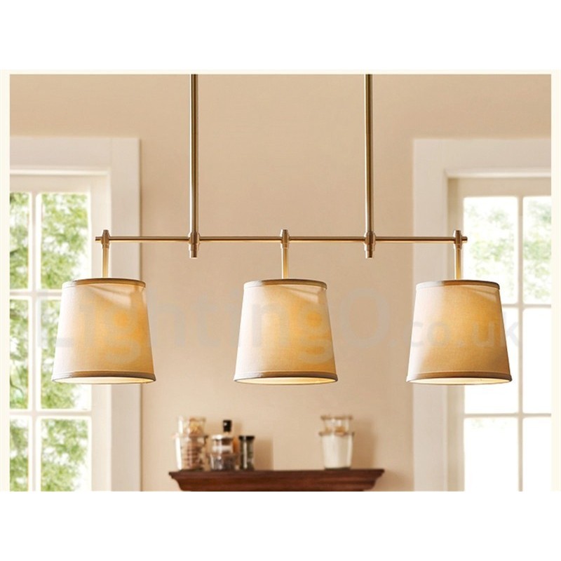 Lámpara de araña de cobre de 3 luces estilo retro campestre con pantalla de tela