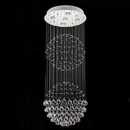 Lámpara colgante moderna de cristal de 5 luces con dosel plateado y globo de cristal transparente.