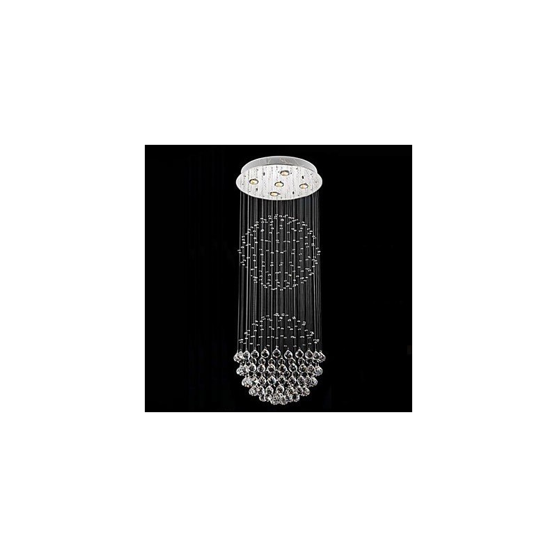 Lámpara colgante moderna de cristal de 5 luces con dosel plateado y globo de cristal transparente.