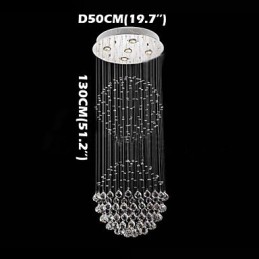 Lámpara colgante moderna de cristal de 5 luces con dosel plateado y globo de cristal transparente.