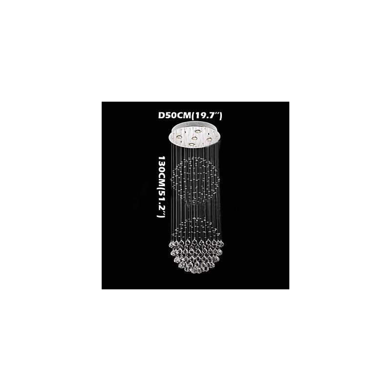 Lámpara colgante moderna de cristal de 5 luces con dosel plateado y globo de cristal transparente.