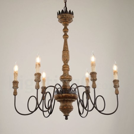 Lámpara de araña de madera vintage de estilo campestre con 6 luces Lámpara de araña de madera vintage de estilo campestre con 6 luces