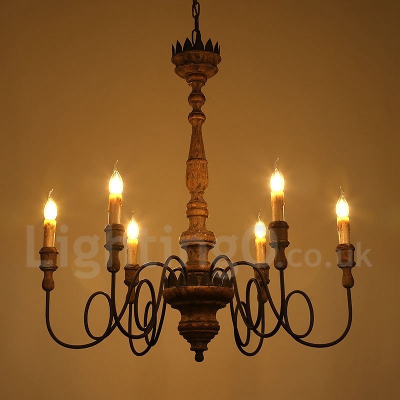 Lámpara de araña de madera vintage de estilo campestre con 6 luces