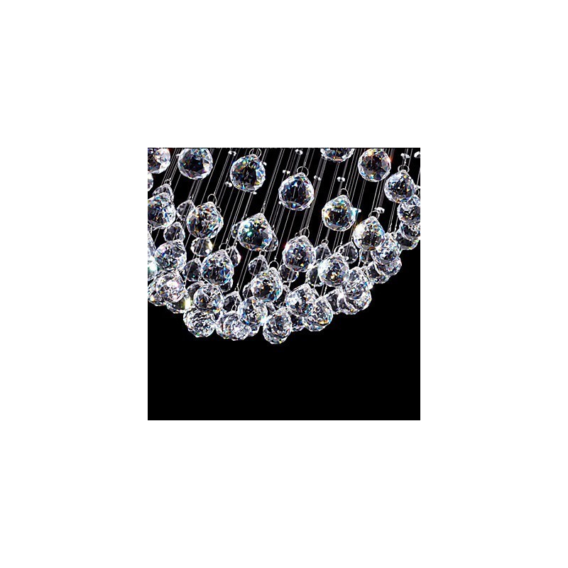 Lámpara colgante moderna de cristal de 5 luces con dosel plateado y globo de cristal transparente.