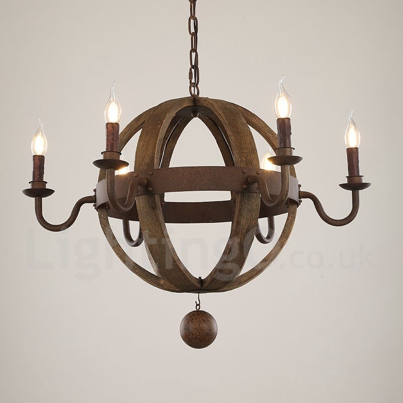 Lámpara de araña de madera vintage de estilo campestre con 6 luces