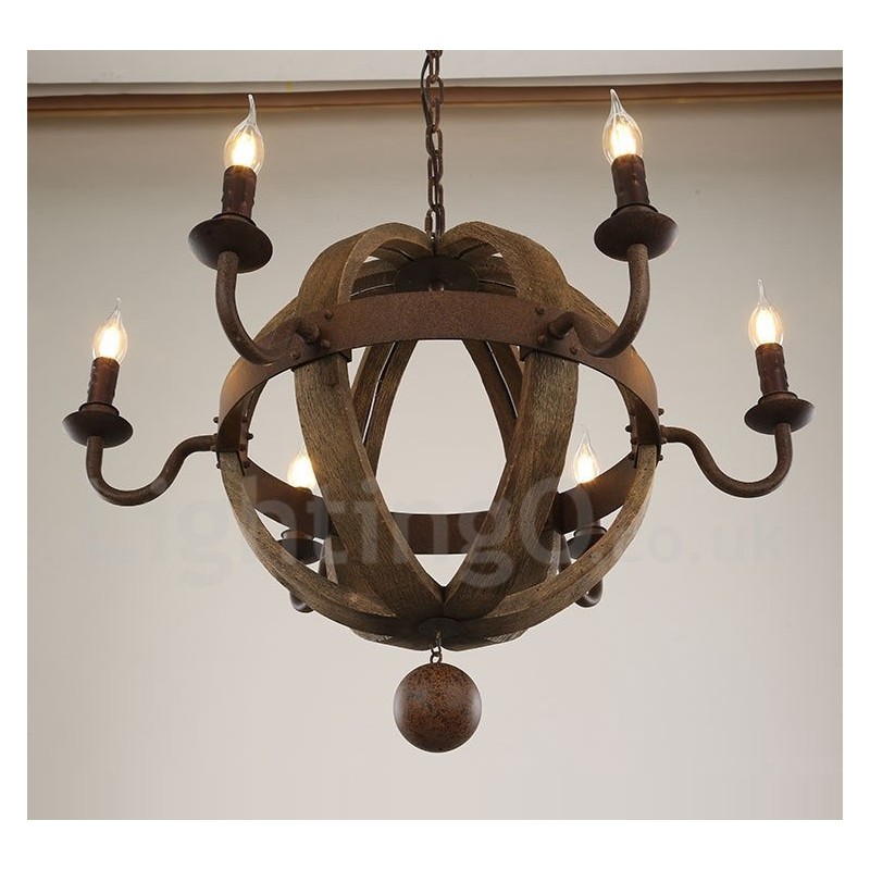 Lámpara de araña de madera vintage de estilo campestre con 6 luces