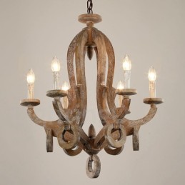 Lámpara de araña vintage de madera rústica de un solo nivel con 6 luces de madera clara