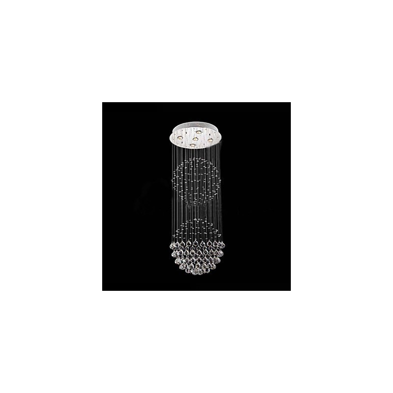 Lámpara colgante moderna de cristal de 5 luces con dosel plateado y globo de cristal transparente.