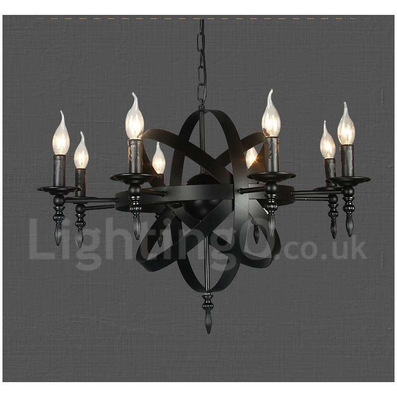Lámpara de araña de un solo nivel de 8 luces de metal retro vintage negro