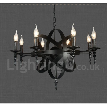 Lámpara de araña de un solo nivel de 8 luces de metal retro vintage negro Lámpara de araña de un solo nivel de 8 luces de metal retro vintage negro