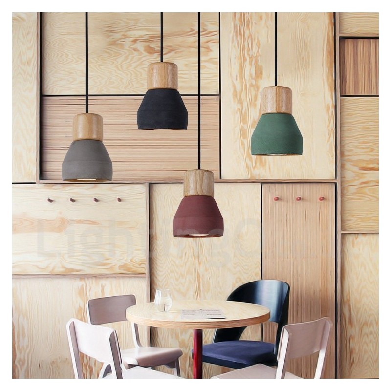 Lámpara colgante de una sola luz moderna contemporánea multicolor de madera y hormigón