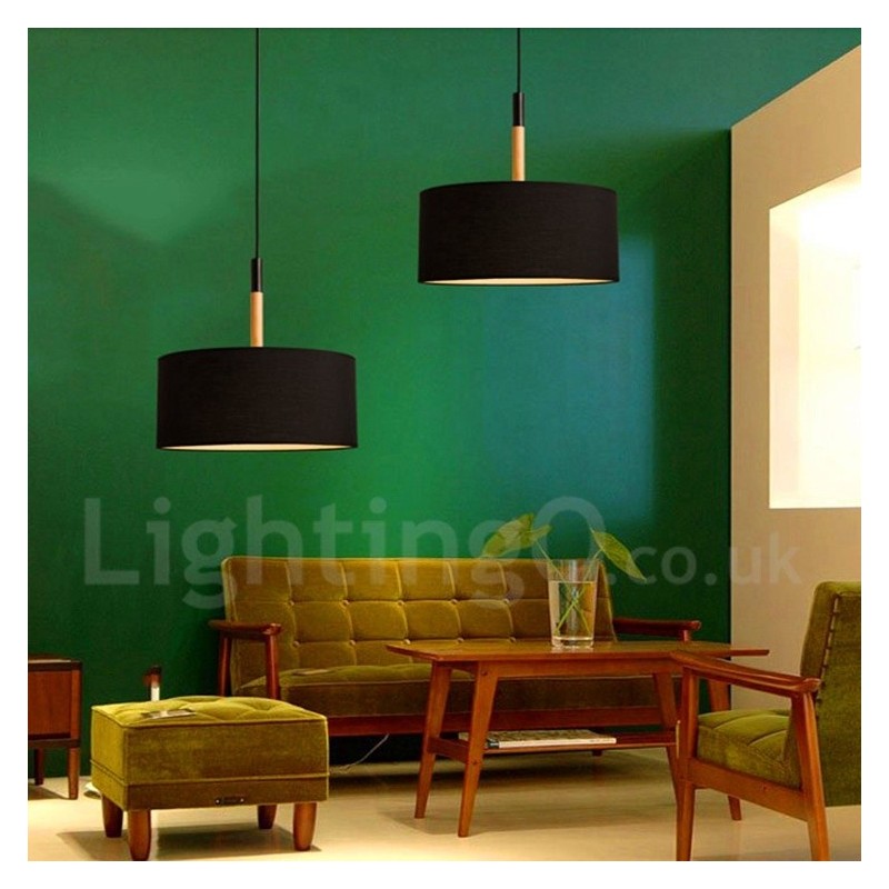 Lámpara colgante moderna y contemporánea de madera con forma de tambor y pantalla de tela