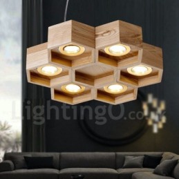Lámpara colgante contemporánea moderna de madera de 6 luces