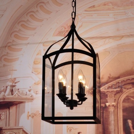 Lámpara colgante rústica de 4 luces de metal negro con pantalla de cristal Lámpara colgante rústica de 4 luces de metal negro con pantalla de cristal
