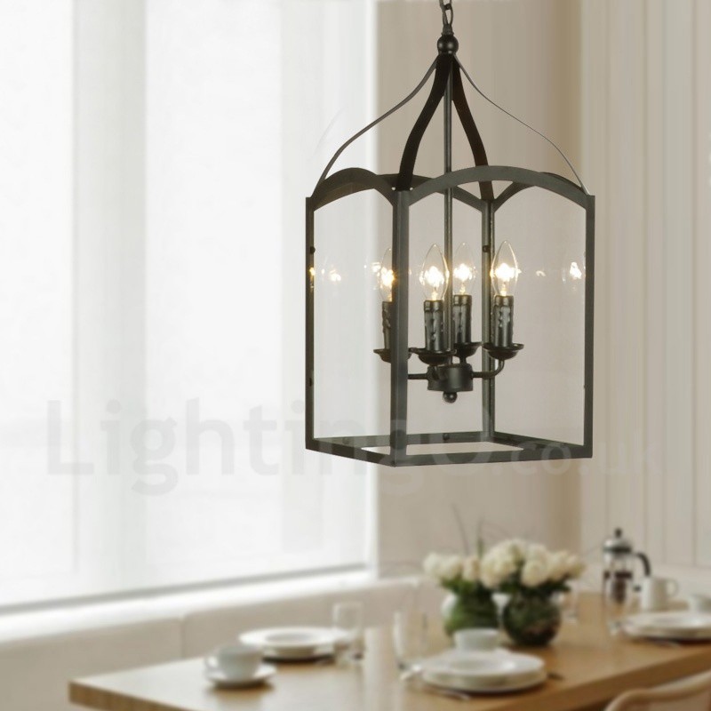 Lámpara colgante rústica de 4 luces de metal negro con pantalla de cristal