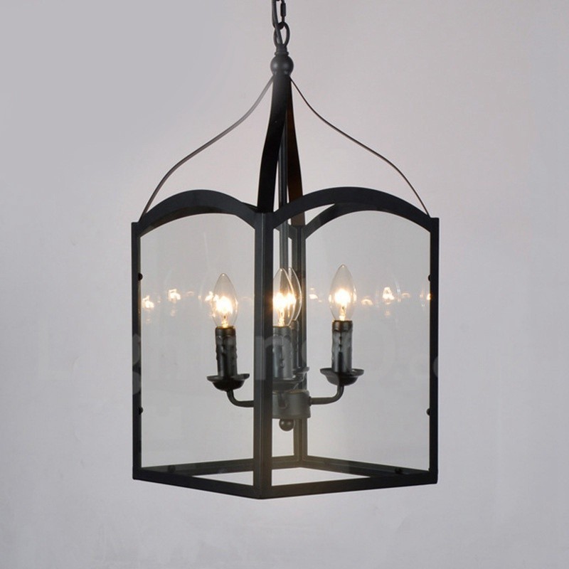 Lámpara colgante rústica de 4 luces de metal negro con pantalla de cristal