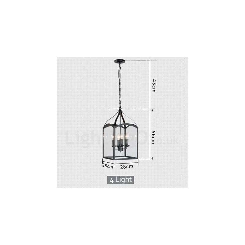 Lámpara colgante rústica de 4 luces de metal negro con pantalla de cristal
