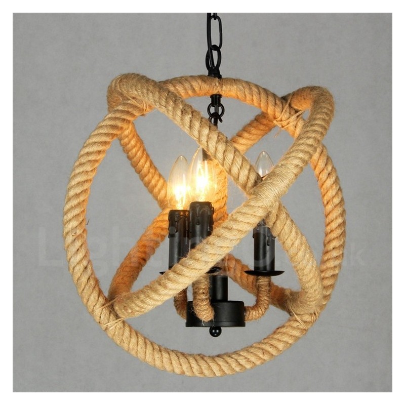 Lámpara colgante vintage de 3 luces con cuerda de cáñamo