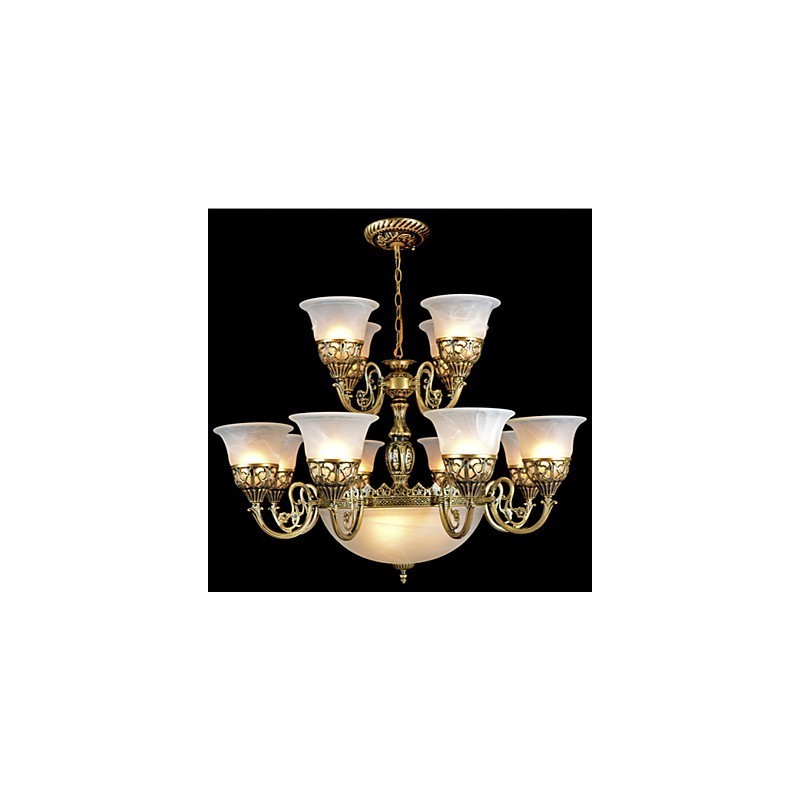 Lámpara de araña de bronce de quince luces con cristal muaré, estilo retro europeo clásico.