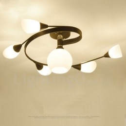Lámpara de araña rústica integrada de 6 luces con pantalla de cristal