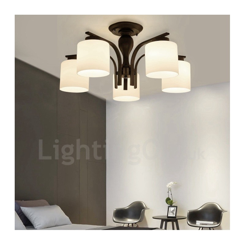 Lámpara de araña de metal integrada de estilo rural de 5 luces con pantalla de cristal