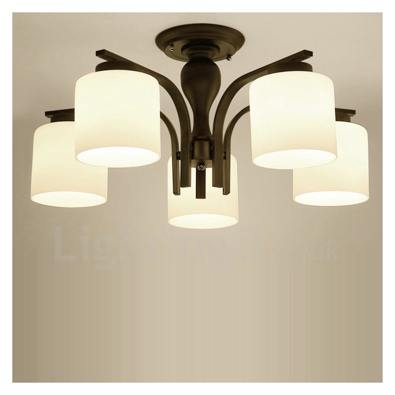 Lámpara de araña de metal integrada de estilo rural de 5 luces con pantalla de cristal
