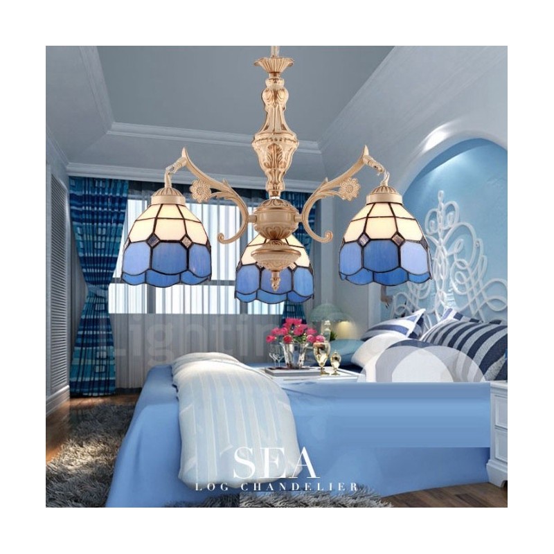 Lámpara de araña de metal integrada de estilo mediterráneo de 3 luces con pantalla de cristal