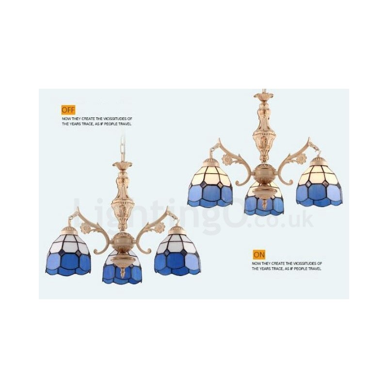 Lámpara de araña de metal integrada de estilo mediterráneo de 3 luces con pantalla de cristal