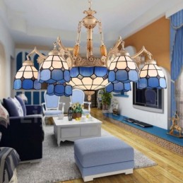 Lámpara de araña de metal integrada de estilo mediterráneo de 9 luces con pantalla de cristal