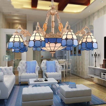 Lámpara de araña de metal integrada de estilo mediterráneo de 11 luces con pantalla de cristal Lámpara de araña de metal integrada de estilo mediterráneo de 11 luces con pantalla de cristal