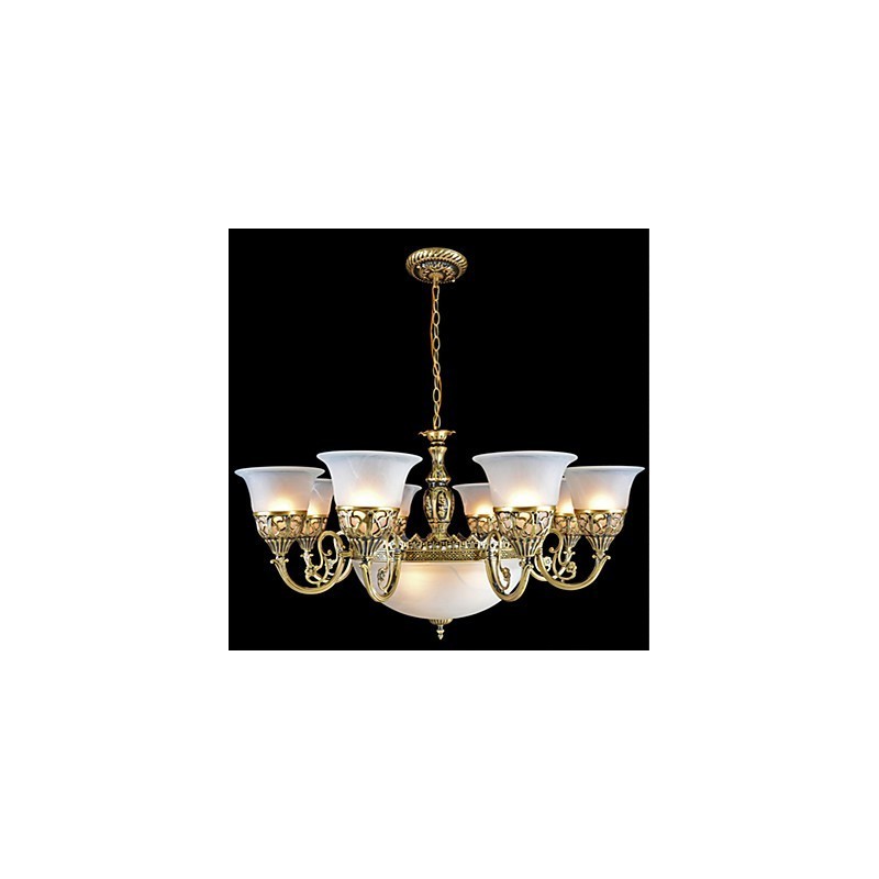 Lámpara de araña de bronce de once luces con cristal muaré, estilo retro europeo clásico.