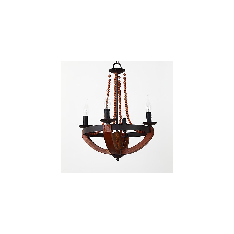 Lámpara colgante decorativa de cuatro luces con diseño de pintura vintage en estilo mini de madera y bambú.
