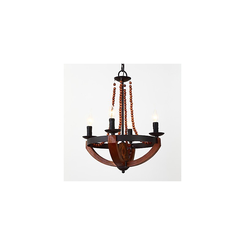 Lámpara colgante decorativa de cuatro luces con diseño de pintura vintage en estilo mini de madera y bambú.