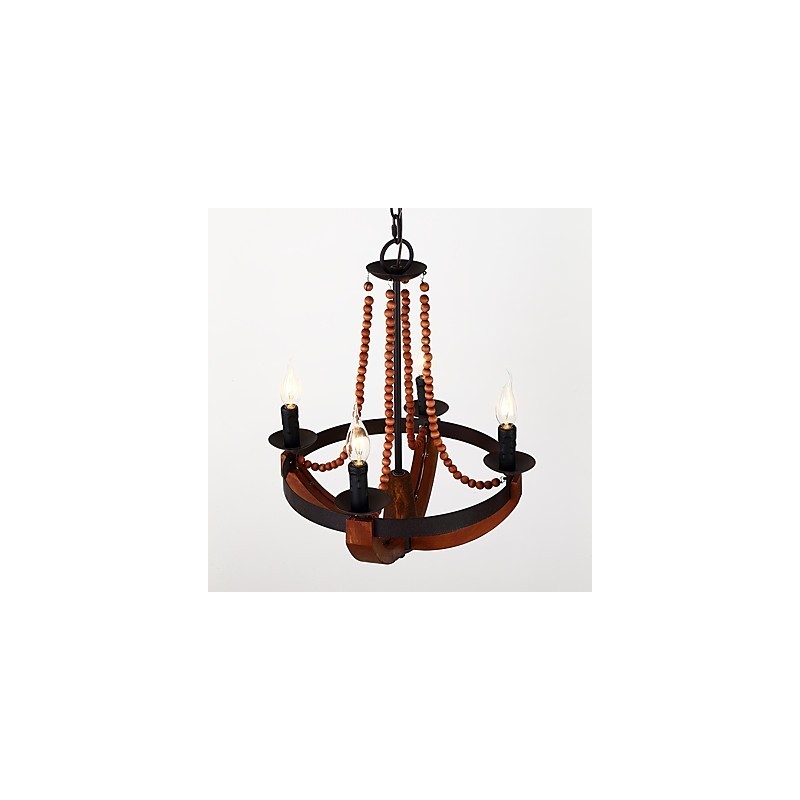 Lámpara colgante decorativa de cuatro luces con diseño de pintura vintage en estilo mini de madera y bambú.