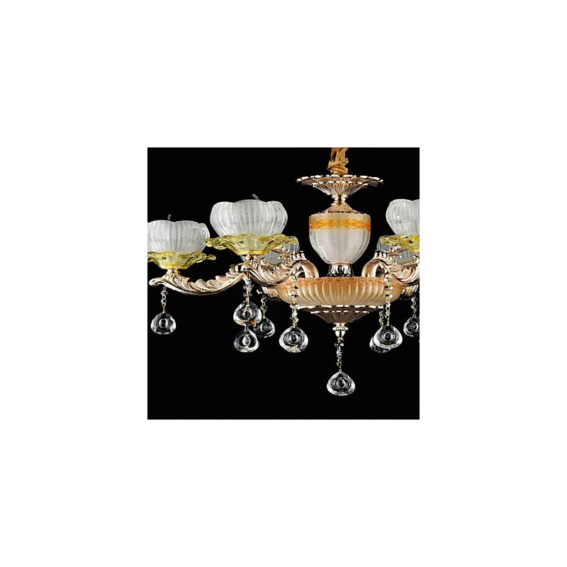 Lámpara de araña de metal estilo mini de cristal con 6 bombillas, con una característica clásica tradicional de aleación de zinc.