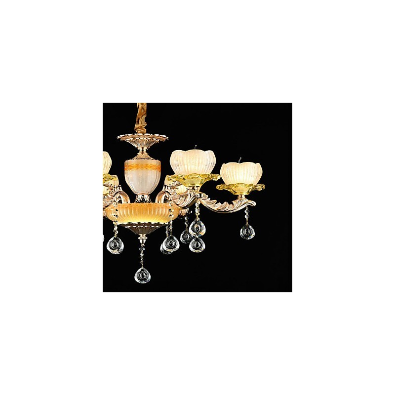 Lámpara de araña de metal estilo mini de cristal con 6 bombillas, con una característica clásica tradicional de aleación de zinc.