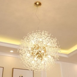 Lámpara de araña de metal y cristal con forma de diente de león cromado con forma de globo de fuegos artificiales