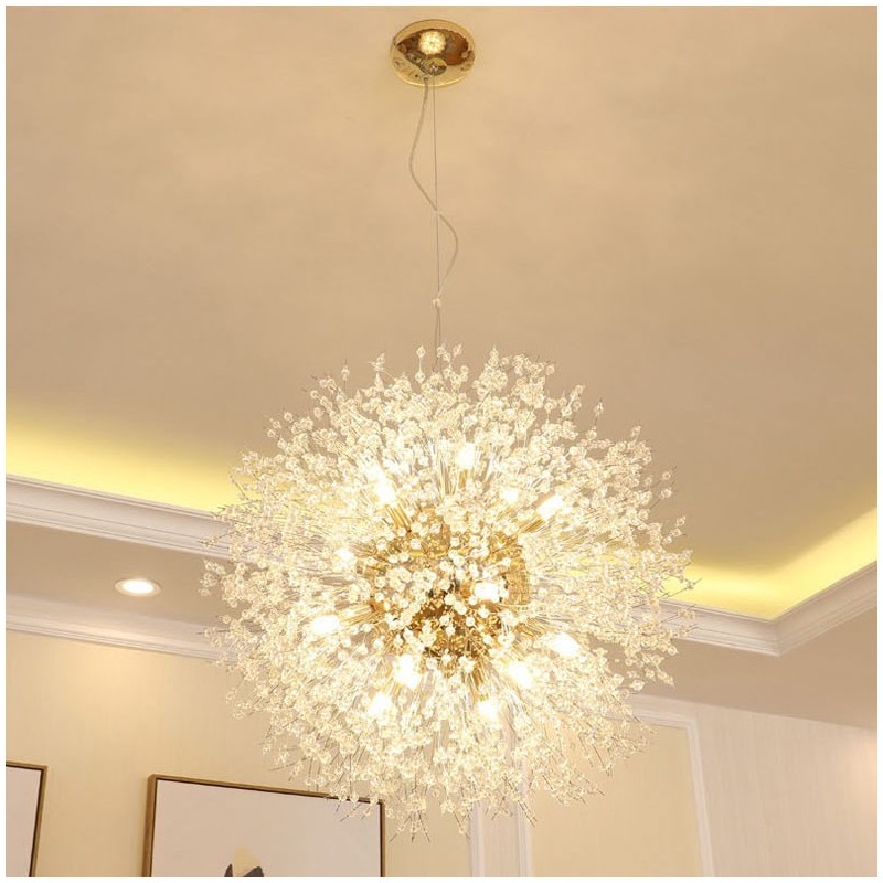 Lámpara de araña de metal y cristal con forma de diente de león cromado con forma de globo de fuegos artificiales