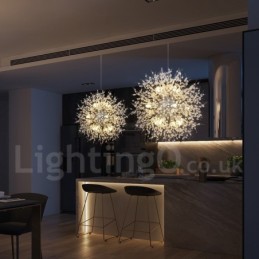 Lámpara de araña de metal y cristal con forma de diente de león cromado con forma de globo de fuegos artificiales