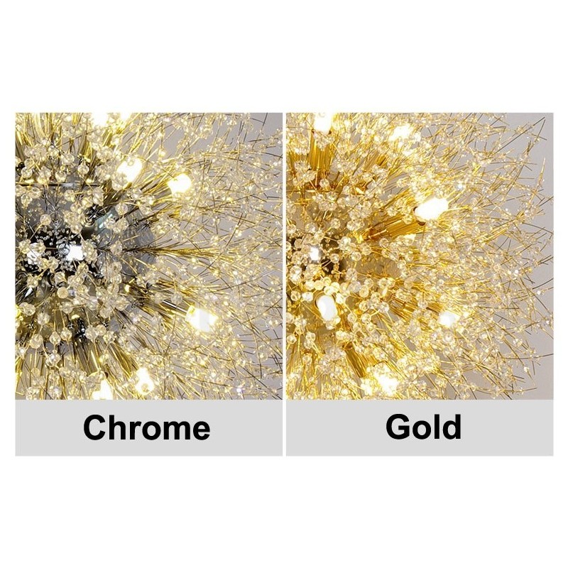 Lámpara de araña de metal y cristal con forma de diente de león cromado con forma de globo de fuegos artificiales