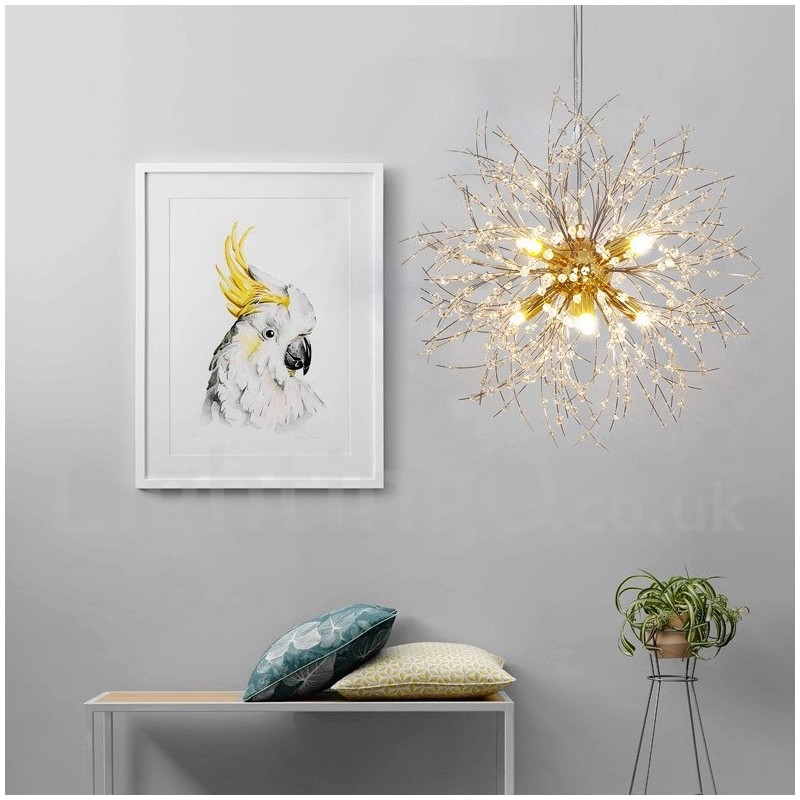 Lámpara de araña de metal y cristal con forma de diente de león cromado con forma de globo de fuegos artificiales