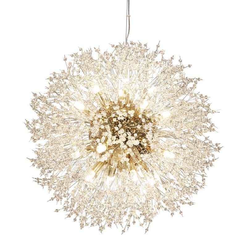 Lámpara de araña de metal y cristal con forma de diente de león cromado con forma de globo de fuegos artificiales