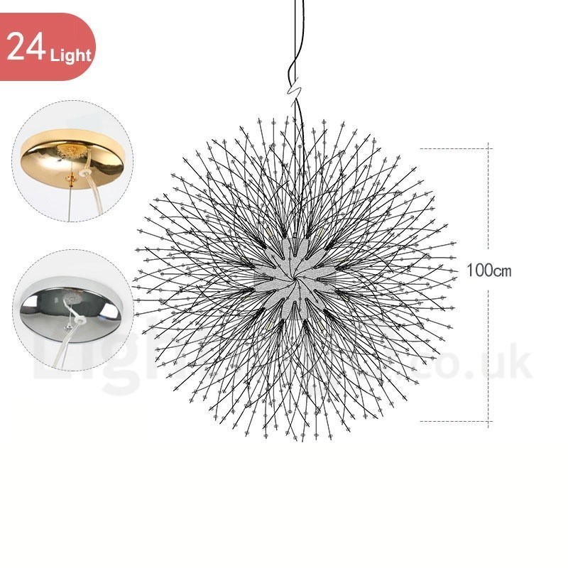 Lámpara de araña de metal y cristal con forma de diente de león cromado con forma de globo de fuegos artificiales