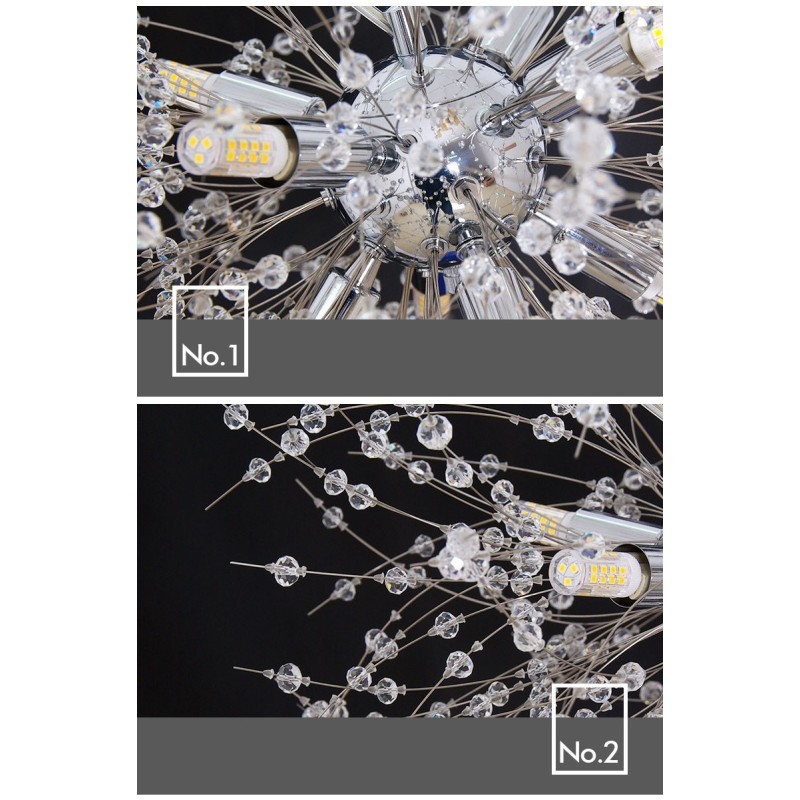 Lámpara de araña de metal y cristal con forma de diente de león cromado con forma de globo de fuegos artificiales