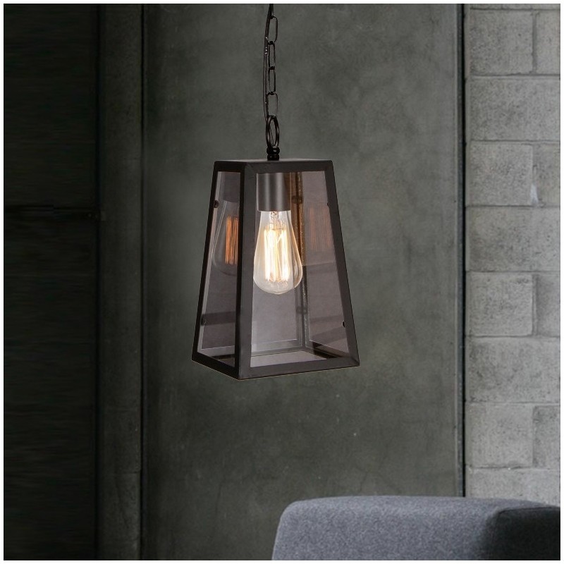 Lámpara colgante vintage de metal con pantalla de cristal